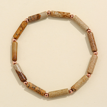 Column Natural Picture Jasper Beads Stretch Bracelets for Women Men, with Beass Beads, 6-7/8 inch(17.5cm)