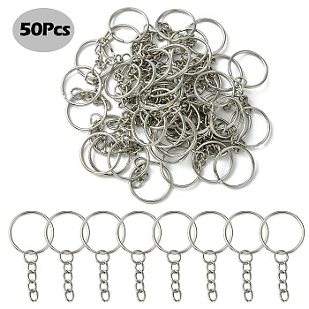 Iron Split Key Rings, with Curb Chains, Keychain Clasp Findings, Stainless Steel Color, 25x2mm