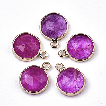 Glass Charms, with Light Gold Tone Brass Findings, Flat Round, Faceted, Medium Violet Red, 14x11x5mm, Hole: 1.5mm
