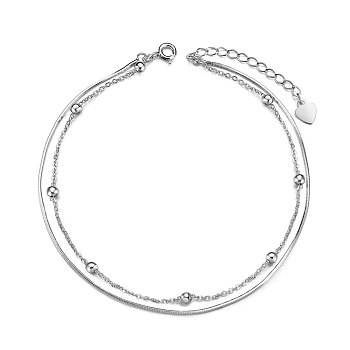 SHEGRACE 925 Sterling Silver Multi-Strand Anklet, with Snake Chains and Cable Chains, Round Beads, Platinum, 8-1/4 inch(21cm)