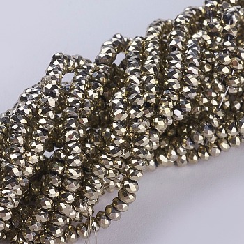 Electroplate Glass Beads Strands, Full Plated, Faceted, Rondelle, Golden Plated, 2.5x1mm, Hole: 0.5mm, about 185~190pcs/strand, 13 inch(33cm)