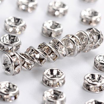 Grade A Rhinestone Spacer Beads, Clear, Brass, Platinum Color, Nickel Free, about 4mm in diameter, 2mm thick, hole: 0.8mm