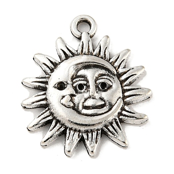 Tibetan Style Alloy Pendants, Flat Round with Moon and Sun, Nickel, Antique Silver, 23x20x3mm, Hole: 1.6mm