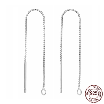 Rhodium Plated 925 Sterling Silver Stud Earring Findings, Ear Threads, Box Chains, Platinum, 68~70x0.65mm, Hole: 1~2mm