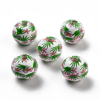 Spray Painted European Schima Wood Beads, Large Hole Beads, Round with Floral Pattern, Green, 20mm, Hole: 4mm