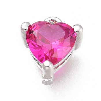 Brass Micro Pave Cubic Zirconia Charms, Long-Lasting Plated, Heart, Platinum, Fuchsia, 7x6.5x4mm, Hole: 0.8mm