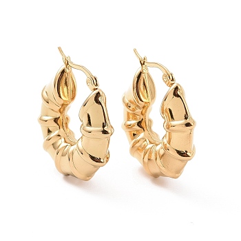 Ion Plating(IP) 304 Stainless Steel Hoop Earrings, Hypoallergenic Earrings, Textured, Horn Shaped Ring, Real 24K Gold Plated, 30.5x29.5x9mm, Pin: 18x0.8~1mm