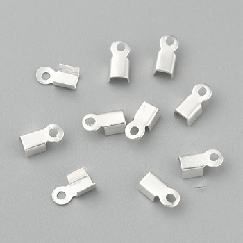 Iron Folding Crimp Ends, Fold Over Crimp Cord Ends, Silver, 6x3x2.3mm, Hole: 1.2mm