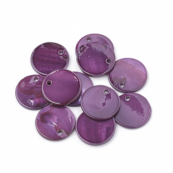 Freshwater Shell Pendants, Spray Painted, Flat Round, Purple, 16x1.5~2mm, Hole: 1mm