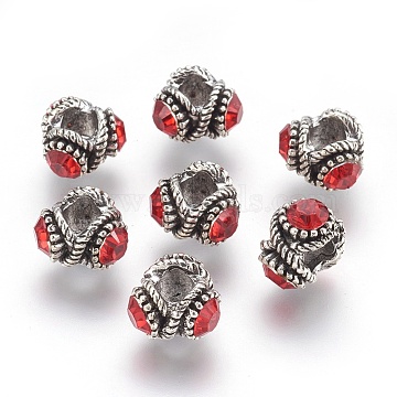 Tibetan Style Alloy Rhinestone Beads, Rondelle, Antique Silver, Siam, 13.5x9.5mm, Hole: 6mm(PALLOY-P172-073)