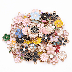 28 Styles Alloy Enamel Charms, with ABS Plastic Imitation Pearl, Flower, Light Gold, Mixed Color, 10~20.5x8~17.5x1.5~4.5mm, Hole: 1.2~1.8mm, 120pcs/set(ENAM-YW0004-84)
