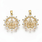 Brass Micro Pave Clear Cubic Zirconia Peg Bails Pendants, with Brass Pinch Bail, for Half Drilled Bead, Nickel Free, Flat Round, Real 18K Gold Plated, 20x18x5mm, Hole: 2.5x4mm, Pin: 1mm(X-KK-T062-12G-NF)