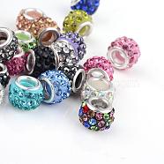 Polymer Clay Rhinestone European Beads, Large Hole Beads, Rondelle, with Silver Color Plated Brass Cores, Mixed Color, 10~12x7~8mm, Hole: 5mm(CPDL-T001-M)