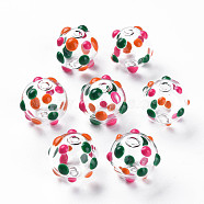 Transparent Glass Enamel Beads, Round with Dot, Camellia, 14x13mm, Hole: 2mm(GLAA-N049-012B)
