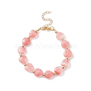 Synthetic Cherry Quartz Glass Heart Beaded Bracelet, Gemstone Jewelry for Women, 7-3/8 inch(18.7cm)(BJEW-JB08697-05)