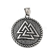 304 Stainless Steel Manual Polishing Pendants, Flat Round with Valknut Pattern Charms, Antique Silver, 43x38x4.5mm, Hole: 3.5x7.5mm(STAS-G280-13AS)