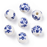 Handmade Porcelain Beads, Blue and White Porcelain, Round with Flower, Blue, 10mm, Hole: 2mm(PORC-E021-02C)