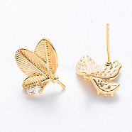 Brass Cubic Zirconia Stud Earring Findings, For Half Drilled Beads, Nickel Free, Leaf, Real 18K Gold Plated, 14.5x13mm, Pin: 0.7mm(KK-T049-11G-NF)