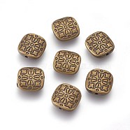 Tibetan Style Alloy Beads, Square with Flower, Antique Bronze, Lead Free & Cadmium Free & Nickel Free, 10.5x10.5x3.5mm, Hole: 1.5mm(X-MLF10885Y-NF)