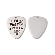 201 Stainless Steel Pendants, Guitar Pick Charm, Laser Cut, with Word I'd Pick You Every Time, Stainless Steel Color, 38x25x1.5mm, Hole: 2.2mm(STAS-J401-LD015)