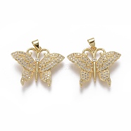 Brass Micro Pave Cubic Zirconia Pendants, Butterfly, Clear, Real 18K Gold Plated, 23x28x2.5mm, Hole: 3.5x5mm(ZIRC-F115-12G)