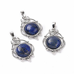 Natural Lapis Lazuli Dyed Pendants, Half Round Charms, with Rack Plating Platinum Tone Brass Planet, 34x25x8mm, Hole: 8x5mm(G-P496-05P-15)