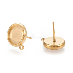 Ion Plating(IP) 304 Stainless Steel Stud Earring Findings, Flat Round, Golden, 15x12.5mm, Hole: 1.6mm, Pin: 0.7mm, Tray: 10mm(STAS-K202-04D-G)