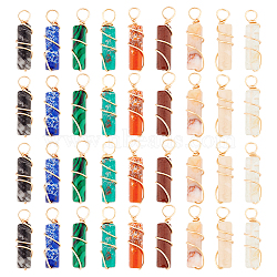 36Pcs 9 Styles Natural & Synthetic Mixed Gemstone Pendants, with Golden Tone Copper Wire Wrapped, Column Charm, Mixed Dyed and Undyed, 18.5~20x5~5.5mm, Hole: 2.5mm, 4pcs/style(G-DC0001-13)