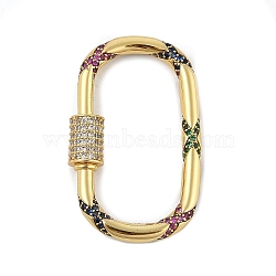 Brass Micro Pave Colorful Cubic Zirconia Keychain Clasps, Rack Plating, Locking Carabiner, Quick Links, Long-Lasting Plated, Cadmium Free & Lead Free, Real 18K Gold Plated, Oval, 35.5x22.5x6mm(KK-P299-09C-G)