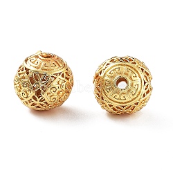 Rack Plating Brass Beads, Cadmium Free & Lead Free, Hollow Round with Flower, Real 18K Gold Plated, 10x10mm, Hole: 1.5mm(KK-S377-16G)