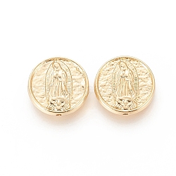 Brass Beads, Long-Lasting Plated, Flat Round with Virgin Mary, Real 18K Gold Plated, 15.5x4mm, Hole: 1.2mm(X-KK-F811-04G)