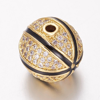 Brass Micro Pave Cubic Zirconia Beads, with Enamel, Basketball, Black, Golden, 12mm, Hole: 1.5mm