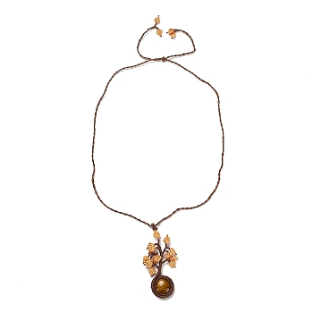 Natural Tiger Eye Tree of Life Pendant Necklace, Adjustable Braided Wax String Choker Necklace, 29.92 inch(76cm)