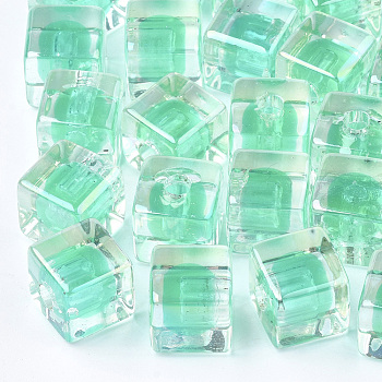 Transparent Acrylic Beads, UV Plating & Rainbow, Bead in Bead, Half Drilled Beads, Cube, Light Sea Green, 12.5x12.5x12.5mm, Half Hole: 3.5mm