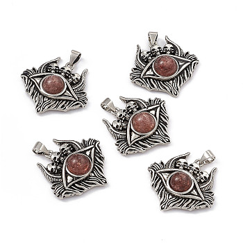 Halloween Natural Strawberry Quartz Pendants, Eye with Skull Charms, with Antique Silver Plated Brass Findings, 26x27x8.5mm, Hole: 3.5x5mm