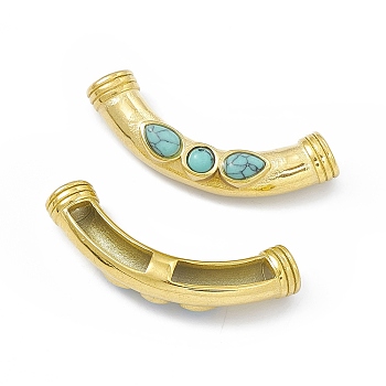 Ion Plating(IP) 304 Stainless Steel Beads, with Synthetic Turquoise, Curved Tube, Turquoise, 14x40x9mm, Hole: 3mm & 14x3mm