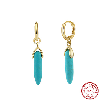 Natural Turquoise Beaded Hoop Earrings, with 925 Sterling Silver Earring Hoop, Real 14K Gold Plated, 37.5x6mm