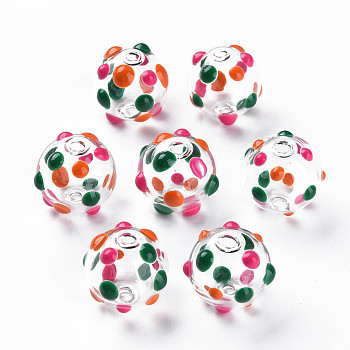 Transparent Glass Enamel Beads, Round with Dot, Camellia, 14x13mm, Hole: 2mm