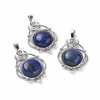 Natural Lapis Lazuli Dyed Pendants, Half Round Charms, with Rack Plating Platinum Tone Brass Planet, 34x25x8mm, Hole: 8x5mm