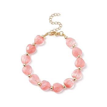 Synthetic Cherry Quartz Glass Heart Beaded Bracelet, Gemstone Jewelry for Women, 7-3/8 inch(18.7cm)