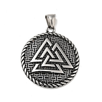 304 Stainless Steel Manual Polishing Pendants, Flat Round with Valknut Pattern Charms, Antique Silver, 43x38x4.5mm, Hole: 3.5x7.5mm