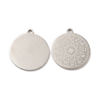 201 Stainless Steel Pendants, Flat Round with 12 Constellations Pattern Charms, Stainless Steel Color, 18x16.2x1mm, Hole: 1.4mm