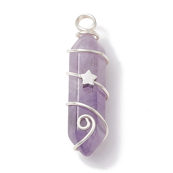 Natural Amethyst Double Terminal Pointed Pendants, Faceted Bullet Charms with Star Copper Wire Wrapped, Silver, 36~37x10~10.5x11mm, Hole: 3.5mm