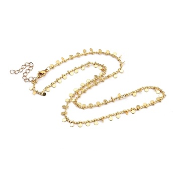 Brass Curb Chain Necklaces, with Brass Flat Round Charms and 304 Stainless Steel Lobster Claw Clasps, Golden, 17.91 inch(45.5cm)