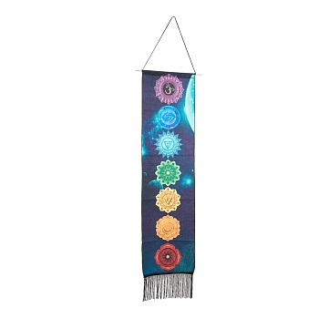 Chakra Theme Linen Wall Hanging Tapestry, Vertical Tapestry, with Tassel, Wood Rod & Iron Traceless Nail & Cord, for Home Decoration, Meditation, Rectangle, Universe Themed Pattern, 164cm