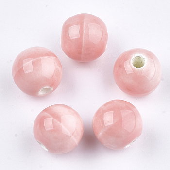 Handmade Porcelain Beads, Bright Glazed Porcelain, Round, Pink, 10~10.5x9.5~10mm, Hole: 2.5~3mm