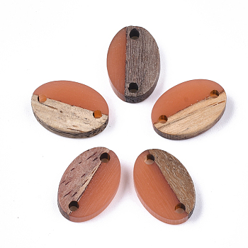 Resin & Walnut Wood Links connectors, Oval, Coral, 15.5x10.5x3~3.5mm, Hole: 1.8mm
