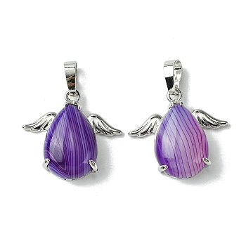 Dyed Natural Purple Banded Agate Pendants, Teardrop Charms with Rack Plating Platinum Plated Brass Wings, Cadmium Free & Lead Free, Cadmium Free & Lead Free, 22~22.5x24.5x8~9mm, Hole: 7x5mm