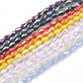 Electroplate Glass Beads Strands, AB Color Plated, Faceted Teardrop, Mixed Color, 4x3mm, Hole: 0.7mm, about 98~99pcs/strand, 16.54~16.92 inch(42~43cm)