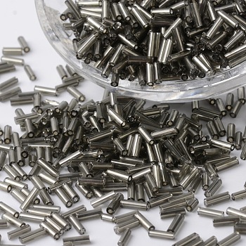 Silver Lined Glass Bugle Beads, Round Hole, Gray, 6~7x1.5~2mm, Hole: 0.5mm, about 12500pcs/bag